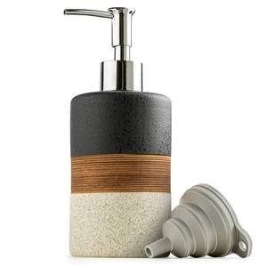 lot 20237 image: Cormomu Dish Soap Dispenser Set with Silicone Funnel, Hand Soap, Shampoo, Body Wash, Ceramic Liquid Soap Dispenser for Kitchen and Bathroom Countertops, Stainless Steel Pump, Non Slip, 12 Oz, Black (Used, No Funnel)