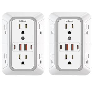 lot 20239 image: 2 Pack Outlet Extender Surge Protector, 6 Outlet Splitter with 4 USB Outlet (2 USB A,2 USB C), 3Sided Power Strip with Adapter Spaced Outlets for Home, Office, Travel(White)-ETL (1 ONLY)