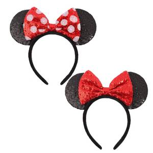 lot 20250 image: UNSPAZ Shiny Sequin Mouse Ear Headbands, 2 PCS Classic Bow Headbands for Adult Women and Girls (2 Red Sequin) (No White Polka-Dots)