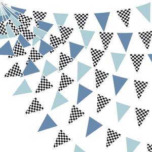 lot 20252 image: 32Ft Racing Party Decorations Dusty Blue Black White Checkered Racing Car Fabric Banner Triangle Flag Pennant Garland Streamers for Boys Race Car Birthday Racetrack Baby Shower NASCAR Picnic Decor