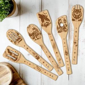 lot 20262 image: CUTHOLLOW 6PCS Wolves and Forest Wooden Kitchen Cooking Utensil Set, 11.9in Non Toxic Bamboo Wood Spoon Set for Cooking, Best Housewarming Birthday Thanksgiving Christmas Gift for Women Mother