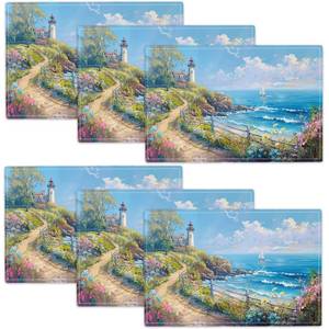 lot 20291 image: Lighthouse Placemats Set of 6 Beach Coastle Table Mats Blue Ocean Place Mats Decor Imitation Linen Heat Resistant ablecloth for Dining Decoration Kitchen Party Restaurants 12ftftx18ftft