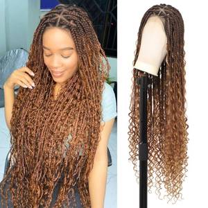 lot 20301 image: Olymei Boho knotless Braided Wigs for Women Boho Braid Wig Full Double Lace Front Bohemian Box Braid Wig with Baby Hair Premium Synthetic Braided Lace Front Wig 36in Mix Brown and Light Brown