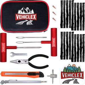 lot 20308 image: Vehiclex Tire Repair Kit for Plug and Patch with Aluminum Handled Tools - Emergency Kit with Pliers in Zippered Bag for Car, Motorcycle, ATV, Tractor, Lawn Mower