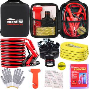lot 20339 image: LIANXIN Car Roadside Emergency Kit, with Jumper Cables Automotive Kit,Car Safety Roadside Assistance Kit Headlamp,Tow Straps, Safety Hammers, Rainwear, Gloves.Black (Open Box ,May Be Missing Pieces)