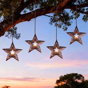 lot 20345 image: Hanging Solar Lights for Outside Trees, 4 Pack 6-Inch Hanging Star Lantern with Solar Tea Lights Outdoor Waterproof Chandelier, Patriotic Star Lights for 4th of July Decorations Porch Patio Pergolas