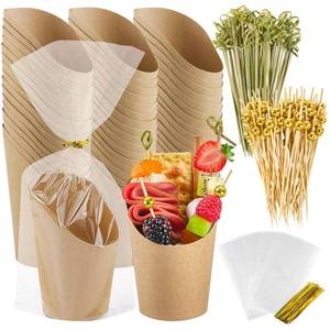 lot 20353 image: Ocmoiy Charcuterie Cups with Sticks and Bags, Brown Disposable 14 oz Kraft Paper Appetizer Cups, Individual Party Serving Snack Cups (50 Cups, 200 Picks, 50 bags) (Open Box, May Be Missing Pieces)