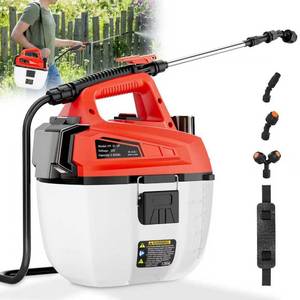 lot 1859 image: Battery Powered Sprayer, 1.35 Gallon Cordless Sprayer with 3 Nozzles & Extendable Pole, Portable Electric Sprayers for Lawn Care, Garden, Weeds, Farm(Tool Only)