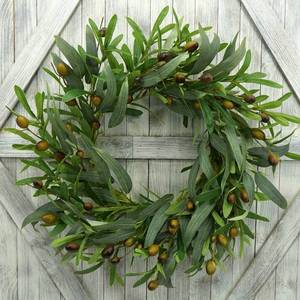 lot 1860 image: AMF0RESJ 20 inches Artificial Green Olive Wreath Greenery Wreath with Olive Leaves, Bean for Front Door Indoor Outdoor Farmhouse Home Wall Window Festival Wedding Decor, White Gift Box Included
