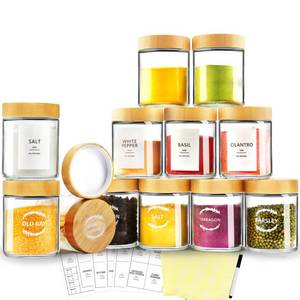 lot 1902 image: AISIPRIN Spice Jars with Label,12 Pcs 8oz Glass Jars with Bamboo Lids,Spice Organizer for Cabinet,Drawer, Rack, Seasoning Organizer Containers,Including 2 Type Labels