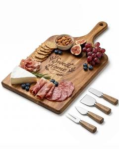 lot 1825 image: Charcuterie Board Gift Set with 4 Cheese Knives, Acacia Wood Cheese Serving Board for Entertaining, Housewarming Gift for New Home, Wedding Gift for Couples