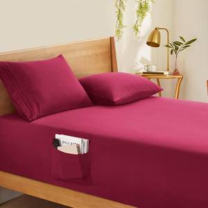 lot 1921 image: Horbaunal Extra Deep Pocket Full Fitted Sheet Only - Fits Up to 24 Inch Mattress - Luxury 1800 Thread Count - Microfiber Burgundy Fitted Bed Sheet Full Size