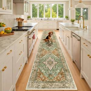 lot 1927 image: RELEANY Area Rugs 2x10 Washable Vacuum-Friendly, Non-Slip, Floral Vintage Distress Print Pattern Medallion Carpet for Living Room BedroomBrick Red Rust Neutral Brown Burnt Orange Green