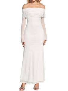 lot 2001 image: KUTUMAI Women Off Shoulder Bodycon Maxi Dress Long Sleeve Mesh Ruched Party Formal Wedding Guest Dresses White S