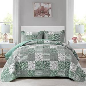 lot 1849 image: Mybedsoul Green Quilt Set Twin Size, 2 Pieces Plaid Floral Bedspread Set Patchwork Reversible Bedding Set Microfiber Lightweight Bedspread Coverlet Set for All Season 68x86