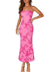 lot 2011 image: MEROKEETY Womens Floral Strapless Maxi Dress 2026 Summer Mesh Tube Bodycon Formal Wedding Guest Cocktail Party Long Dresses, Hotpink, Medium