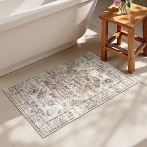 lot 2028 image: Uphome Boho Bathroom Rugs, Distressed Farmhouse Khaki Bath Mat, Comfy Velvet Small Bath Rugs Non Slip Washable, Vintage Oriental Toilet Rug for Sink Shower Vanity, 20x32 inch