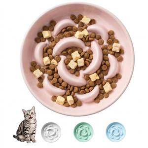 lot 2452 image: Ceramic Cat Slow Feeder Bowl - Pastel Series Cat Plate for Dry and Wet Food - Cute Maze Feeder Dish for Healthy Eating - Dishwasher Safe - 6.3W x 1.2H - 7 OZ - Light Pink