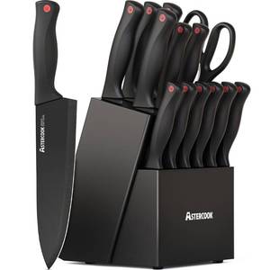 lot 1899 image: Knife Set, Astercook 15 Pieces Knife Sets for Kitchen with Block, Dishwasher Safe Kitchen Knife Set with Built in Sharpener Block, German Stainless Steel Kitchen Utensils Set
