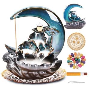 lot 1901 image: Zvaiuk New Moon Backflow Incense Holder, Ceramic Hand-Made Incense Fountain Burner with 100 Backflow Incense Cones��Fragrance Incense Stick��Mat��Aromatherapy Home Decoration
