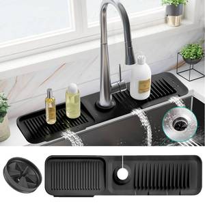 lot 2482 image: 24 Inch Silicon Faucet Mat for Kitchen Sink - Silicon Sink Splash Guard Behind Faucet with FREE Rubber Drain Insert, Faucet Guard Draining Mat & Sink Water Splash Guard (Black)