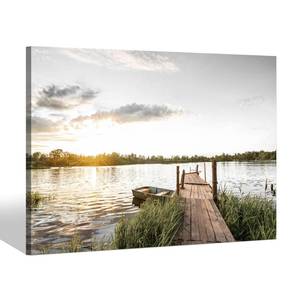 lot 2484 image: Sea Whisper Lake Sunset Canvas Wall Art Boat Picture Nature Landscape Prints Lakeside Reed Painting Dock Scene Artwork for Bedroom Living Room Home Office