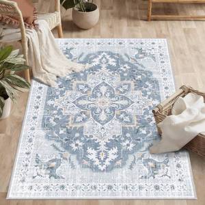 lot 3904 image: TTelephant 3x5 Washable Rug, Vintage Medallion Small Carpet for Living Room and Bedroom, Low Pile Indoor Entryway Rug with Non-Slip Silicone Backing, Non-Shedding, BlueGray