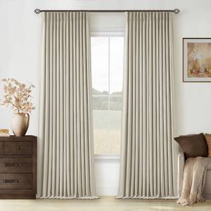 lot 3908 image: Light Beige Pinch Pleated 100% Blackout Linen Bedroom Curtains 96 Inch Length Double Layer Pleat Curtains Ring Hooks Back Tab Black Out Room Darkening Drapes 96 Inches Long Living Room Oatmeal