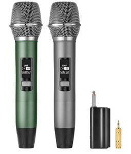 lot 4268 image: Meloace Rechargeable UHF Wireless Microphones, Two Metal Handheld Microphones with 14 Receiver, Plug-and-Play for Speaker & PA System, Karaoke Singsing, Lecture, Stage Performance (Green&Grey)