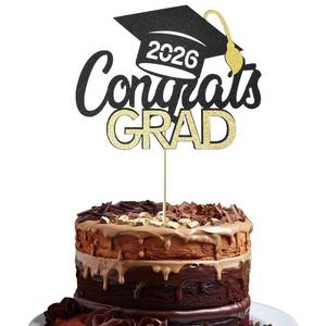 lot 4282 image: Pre Assemble Class of 2026 Graduation Cake Topper - Celebrate Graduation Day with Tindobewan Glitter Congrats Grad Cake Picks Decorations(1Pcs,Black with Gold) S1