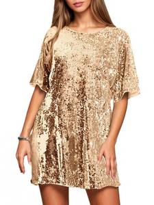 lot 2462 image: YISENRIY Womens Crew Neck Sequin Dress for Women Sexy V Neck Shirt Dress Sparkly Half Sleeve Loose Party Club Cocktail(US, Alpha, Medium, Regular, Regular, Gold)