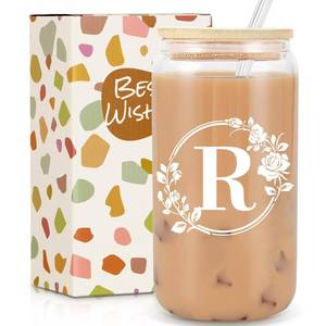 lot 2467 image: Birthday Gifts for Women, Monogrammed Initial Glass Cup Personalized Gifts for Women, 16oz Glass Cups with Lids and Straws, Iced Coffee Cup, Beer Can Shaped Glass - Gifts for Mothers Day, Christmas, R