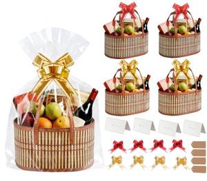 lot 2475 image: 4 Set Gift Basket Empty with Handles - Foldable Large Woven Bamboo Basket Kit with Cellophane, Ribbons, Cards for DIY Party Favors, Mothers Day,Baby Shower Birthday, Christmas, Wedding, Easter