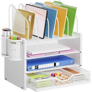 lot 3905 image: Marbrasse Desk Organizer with Drawer, 4-Tier Wooden File Organizer with 5 Vertical File Holders and 2 Pen Holders, Desk Organizers and Accessories for Home Office - White