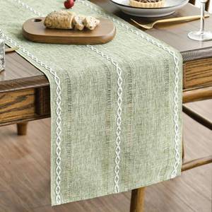 lot 4340 image: Artoid Mode Sage Green Rustic Cotton Linen Table Runner, Seasonal Embroidered Hollow Kitchen Dining Table Decoration for Home Party Decor 13x90 Inch