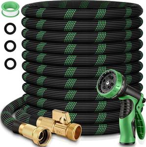 lot 5307 image: 50 ft Flexible Garden Hose with 10 Spray Nozzle-Heavy Duty Superior Strength 96D Material Garden hoses -5-Layer PTE Latex Core - Lightweight Water hoses- Extra Strong Brass Connectors Garden hose