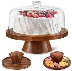 lot 5308 image: Farmyards Acacia Wood Cake Stand with Acrylic Dome Lid - 12in Acacia Wood 2-in-1 Footed Round Cake Holder, Cake Plate Display with Cover for Baking Gifts, Large Dessert Table Display Set & Charcuterie Board for Parties
