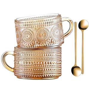 lot 5316 image: Gezzeny Vintage Coffee Mugs 14 Oz Set of 2 Amber Embossed Glass Tea Cups for Cappccino, Latte,Cereal, Yogurt, Beverage Christmas Thanksgiving Day Gifts