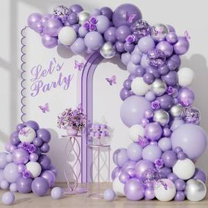 lot 6375 image: Purple Balloons Garland Arch Kit, 126pcs Lavender Party Decorations with Metallic Silver Purple Confetti Balloons for Butterfly Birthday Wedding Baby Shower Party Decorations
