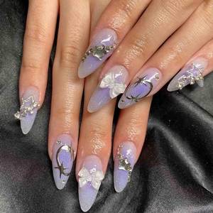 lot 6396 image: Hkanlre Long Almond Press on Nails Bow Fake Nails Tips Full Cover False Gradient Nails for Women and Girls 24PCS