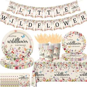 lot 6465 image: 170Pcs Wildflower Baby Shower Decorations for Girls, A Little Wildflower is on the Way Tableware Baby in Bloom Plates Napkins Cups Tablecloth Banner for Spring Summer Floral Party Decor