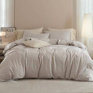lot 6490 image: JIYUAN 100% Washed Cotton Pinstripe Duvet Cover Set Queen Size 90x90, Linen-Like Soft Breathable Durable Bedding Set with Zipper Closure, All Season, TaupeWhite