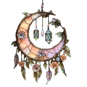 lot 6491 image: Hand Painted Moon and Floral Window Decor, Moon Suncatcher with Stained Art Design, Bohemian Home Accent for Bedroom Windows and Living Room Walls, 11.8 Inch Decorative Hanging