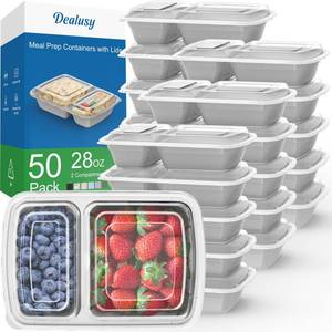 lot 9767 image: Dealusy 50 Pack (100-Piece) 28 oz Meal Prep Containers Reusable with Lids 2-Compartment, Sturdy Leakproof Food Safe, Microwave Freezer Dishwasher Safe, To Go Take Out Plastic Food Storage, Silver