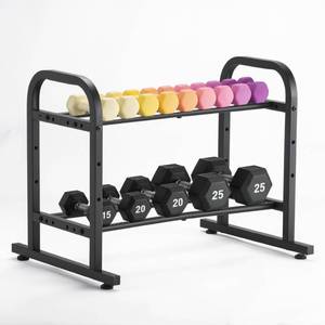 lot 9782 image: 2-Tier Heavy Duty Dumbbell Rack, 180 Lbs Per Shelf Capacity, Adjustable Width Height Stand for Large Hex Dumbbells, Home Gym & Garage Storage (Rack Only)