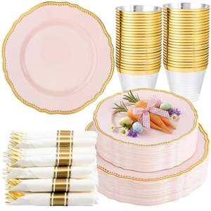 lot 9792 image: Hioasis 175pcs Pink and Gold Plastic Plates - Pink Plastic Dinnerware Set Includes 25 Dinner Plates, 25 Dessert Dinnerware, 25 Cups, 25 Napkins Perfect for Wedding & Easter