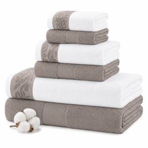 lot 9801 image: Modern Threads 600 GSM 6-Piece Towel Set with Filgree Jacquard Border Taupe