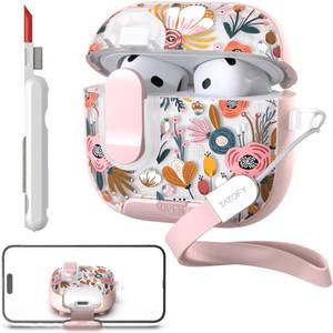 lot 10235 image: TATOFY for AirPods 4th Generation Case with Phone Stand Lanyard Lock Cleaning Kit, Compatible with Magsafe, Flowers Hard AirPod 4 Cover for Women (Salmon, AirPods 4th)