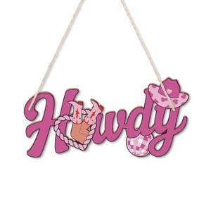 lot 6496 image: Putuo Decor Howdy Sign, Western Cowgirl Hot Pink Hanging Decor, Retro Preppy Front Porch Decor for Bedroom, Bathroom, Living Room, Dorm, Gift for Teen Girl & Women(15.7�7.8 Inch)