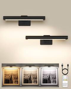 lot 10263 image: EZVALO Picture Light for Wall, Rechargeable 2400mAh Battery Lights Wireless with IR Remote, 3 Color & Dimmable Magnetic 7.87 LED Lights Display for Painting, Living Room, Gallery, Bedroom(Black-2P)